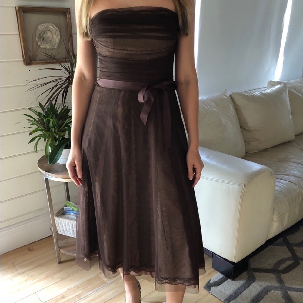 BCBGMaxazria brown tulle strapless dress 2